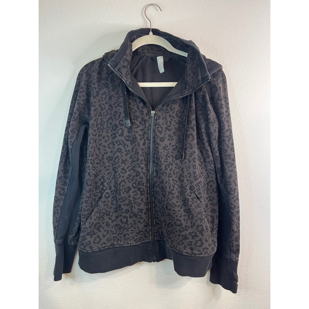 Athleta Women Zip Hoodie Leopard Animal Print Fleece Thumbhole Black Gray L